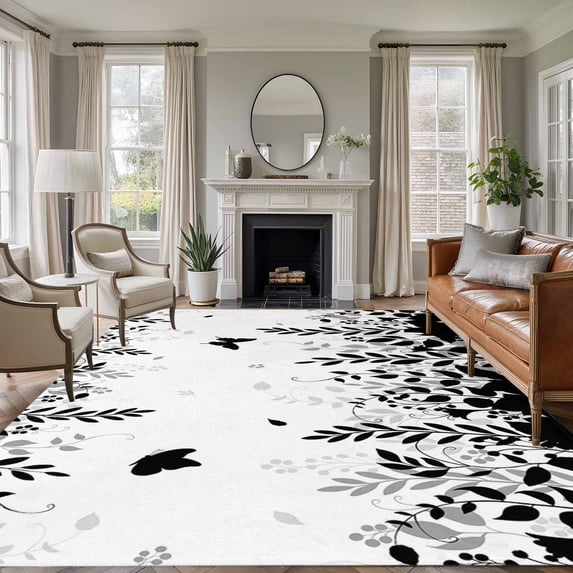 Black Spring Botanical Area Rugs 6'x9', Washable Small Throw Rugs for Kitchen Dining room, Weeping Eucalyptus Butterfly Indoor Outdoor Rug Non-Slip Low Pile Carpet Runner Reversible Floor Mats