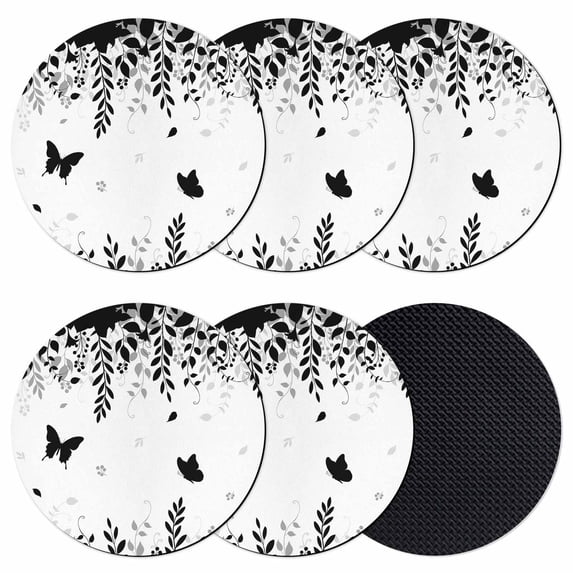Black Spring Botanical Coasters Set of 6, Absorbent Coasters for Drinks, Weeping Eucalyptus Butterfly Coaster for Desk Coffee Table Protection, Home Decor House Warming Gifts 4"
