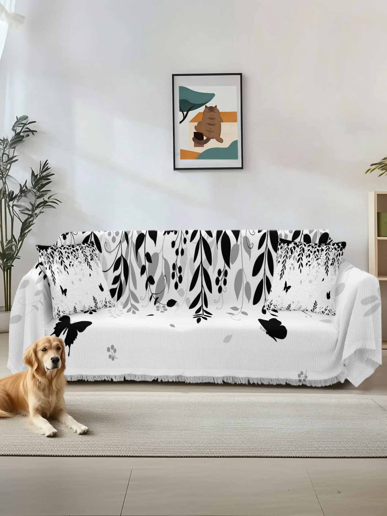Black Spring Botanical Couch Cover for Dogs, Weeping Eucalyptus ...
