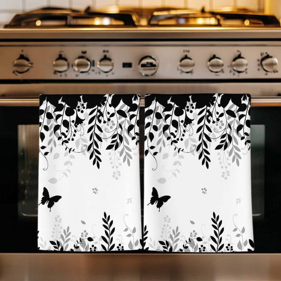 Black Spring Botanical Kitchen Towels Set of 4, Weeping Eucalyptus Butterfly Absorbent Dish Towels for Kitchen, Microfiber Hand Towel, Quick Drying Tea Towel for Cleaning Decorative Dishcloths