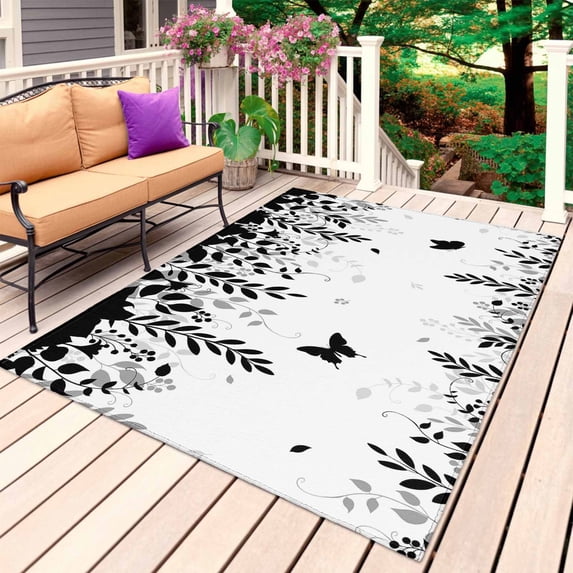 Black Spring Botanical Outdoor Rug 5x7 Ft, Non Slip Washable Area Rug, Weeping Eucalyptus Butterfly Patio Rugs Carpet Runner, Large Floor Mat for Indoor/Outdoor Deck Porch Camping