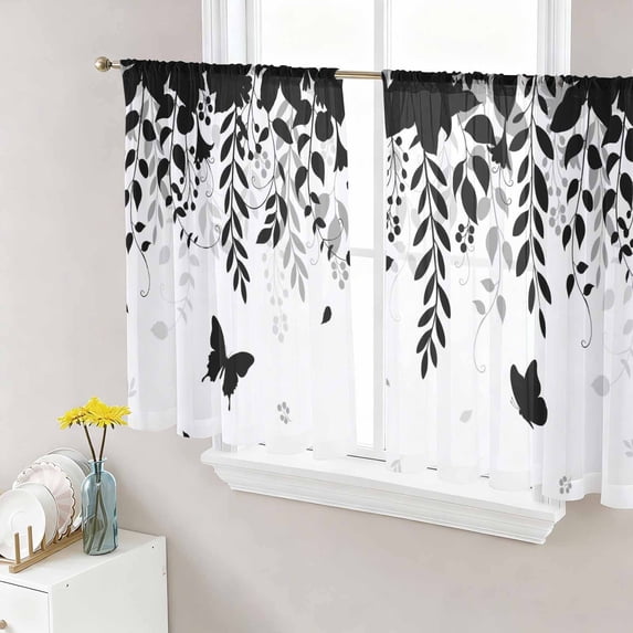 Black Spring Botanical Sheer Curtains 45 Inch Length 2 Panels Set, Weeping Eucalyptus Butterfly Voile Window Treatment Rod Pocket Small Kitchen Curtains Drapes for Bedroom 52"x45"x2