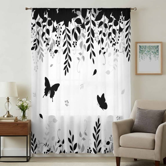 Black Spring Botanical Sheer Curtains 84 Inches Long, Weeping Eucalyptus Butterfly Light Filering Curtains, Breathable Simi Curtain Privacy Drapes for Living Room Bedroom Lightweight Window Treatment