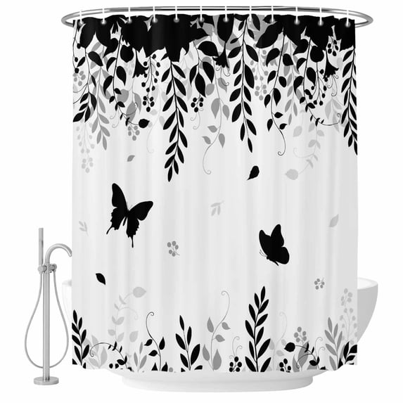 Black Spring Botanical Shower Curtain, Waterproof Shower Curtains for Bathroom, Weeping Eucalyptus Butterfly Washable Fabric Bathtub Curtain Set Bath Decor with 12 Hooks 72"x78"