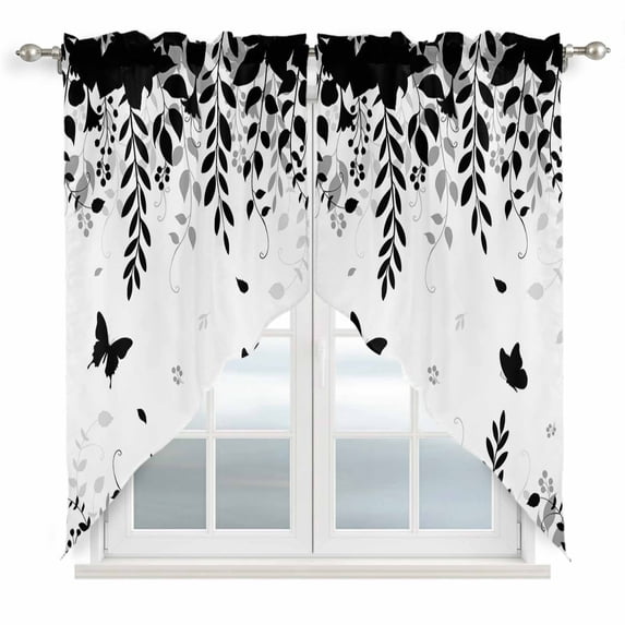 Black Spring Botanical Swag Valances for Windows, Kitchen Window Curtains Over Sink, Weeping Eucalyptus Butterfly Window Treatment Curtains for Living Room/Bedroom Curtains 2 Panel Sets 36"x45"