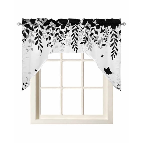 Black Spring Botanical Swag Valances for Windows, Small Curtains Drapes, Weeping Eucalyptus Butterfly Kitchen Window Curtains Over Sink Window Treatment Valance for Bedroom/Bathroom 56"x36"