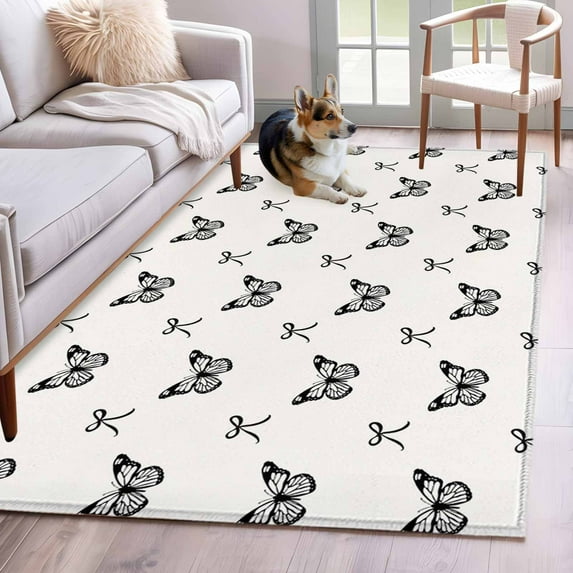 Black Spring Butterfly Area Rug 4'x6', Bow Knot Washable Non-Slip Rugs, Low Pile Large Carpet for Living Room Bedroom Dining Room Kitchen Office Indoor Mat