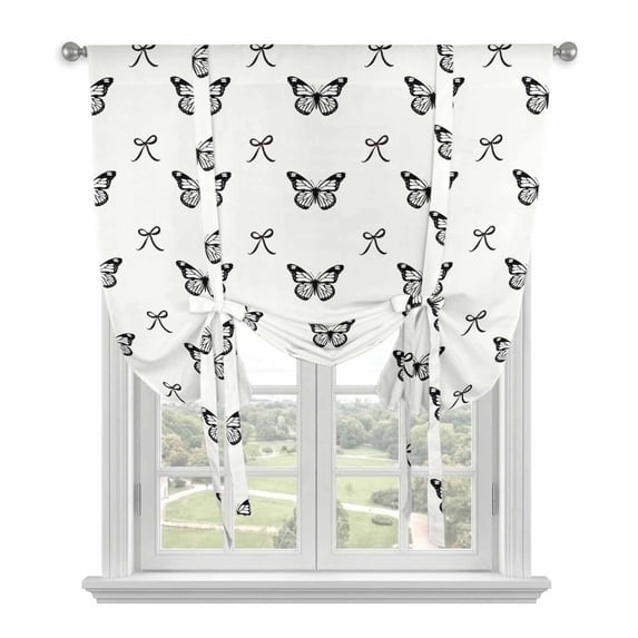 Black Spring Butterfly Balloon Curtains for Bedroom/Front Door/Bathroom, Bow Knot Tie Up Curtains 63 Inch Length Light Filtering Kitchen Curtains Shades for Windows 46"x63"