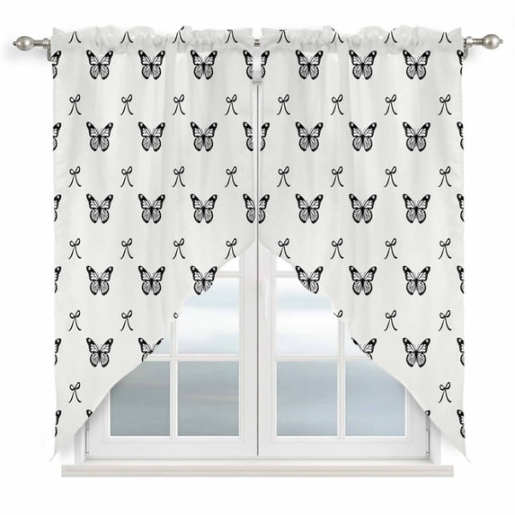 Black Spring Butterfly Swag Curtains for Kitchen/Bedroom/Living Room, Bow Knot Scalloped Curtains 63 Inch Long, Rod Pocket Window Swag Topper Curtains Valances 2 Panels Set 36"x63"