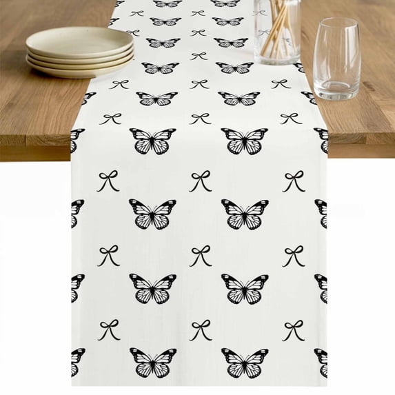 Black Spring Butterfly Table Runner - 90 Inch Long Bow Knot Cotton and ...