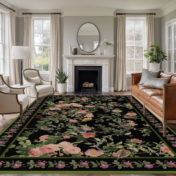 Black Spring Floral Area Rugs 5'x7', Small Throw Rugs for Laundry Room Playroom, Elegant Pastoral Flowers Birds Retro Art Indoor Outdoor Rug Non-Slip Low Pile Carpet Runner Reversible Floor Mats