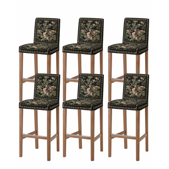 Black Spring Floral Bar Stool Covers Set of 6, Elegant Pastoral Flowers Birds Retro Art Stretch Bar Chair Covers with Backs, Removable Pub Counter Height Chair Cover for Kitchen Dining Room Cafe