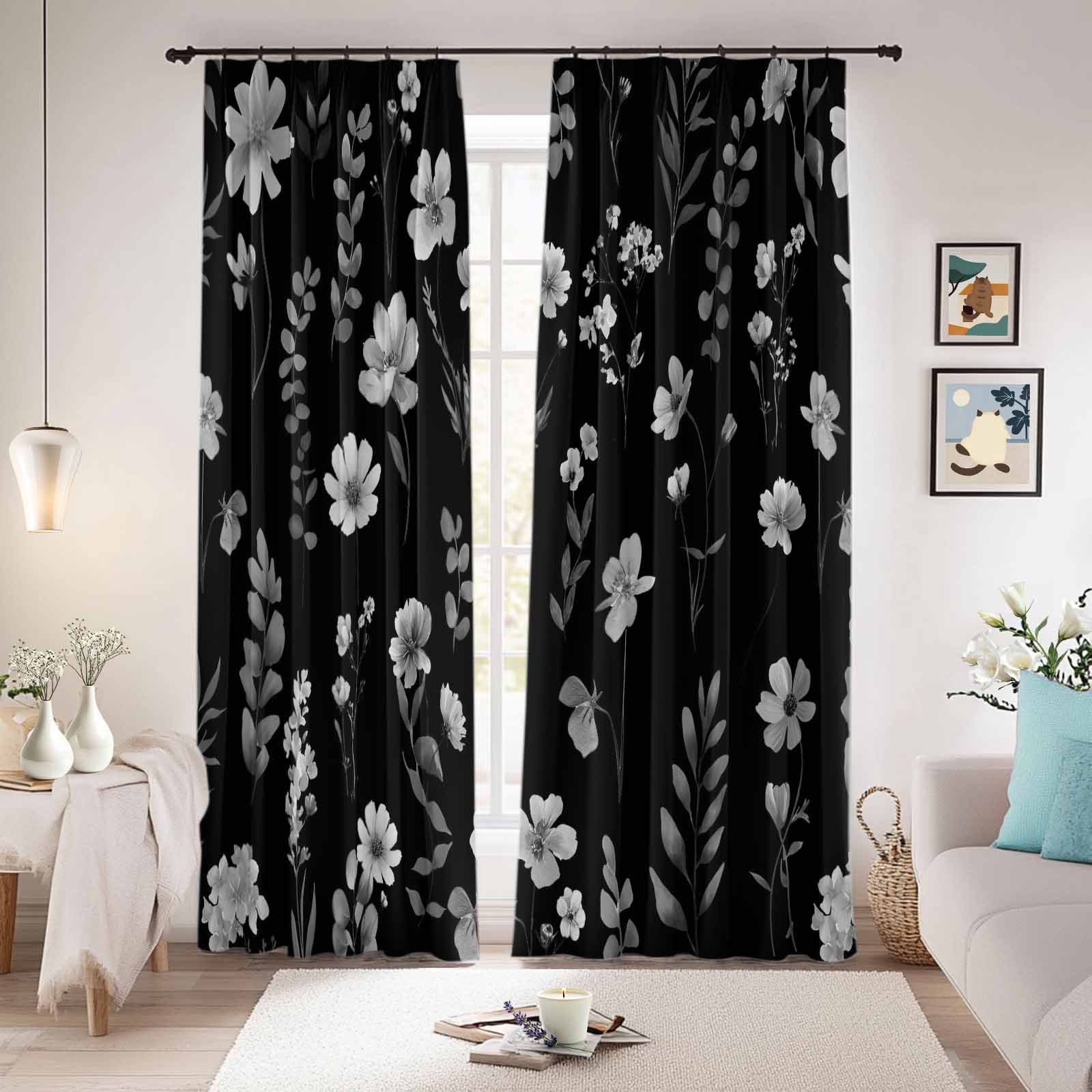 Black Spring Floral Blackout Curtains for Bedroom/Living Room, Pinch ...