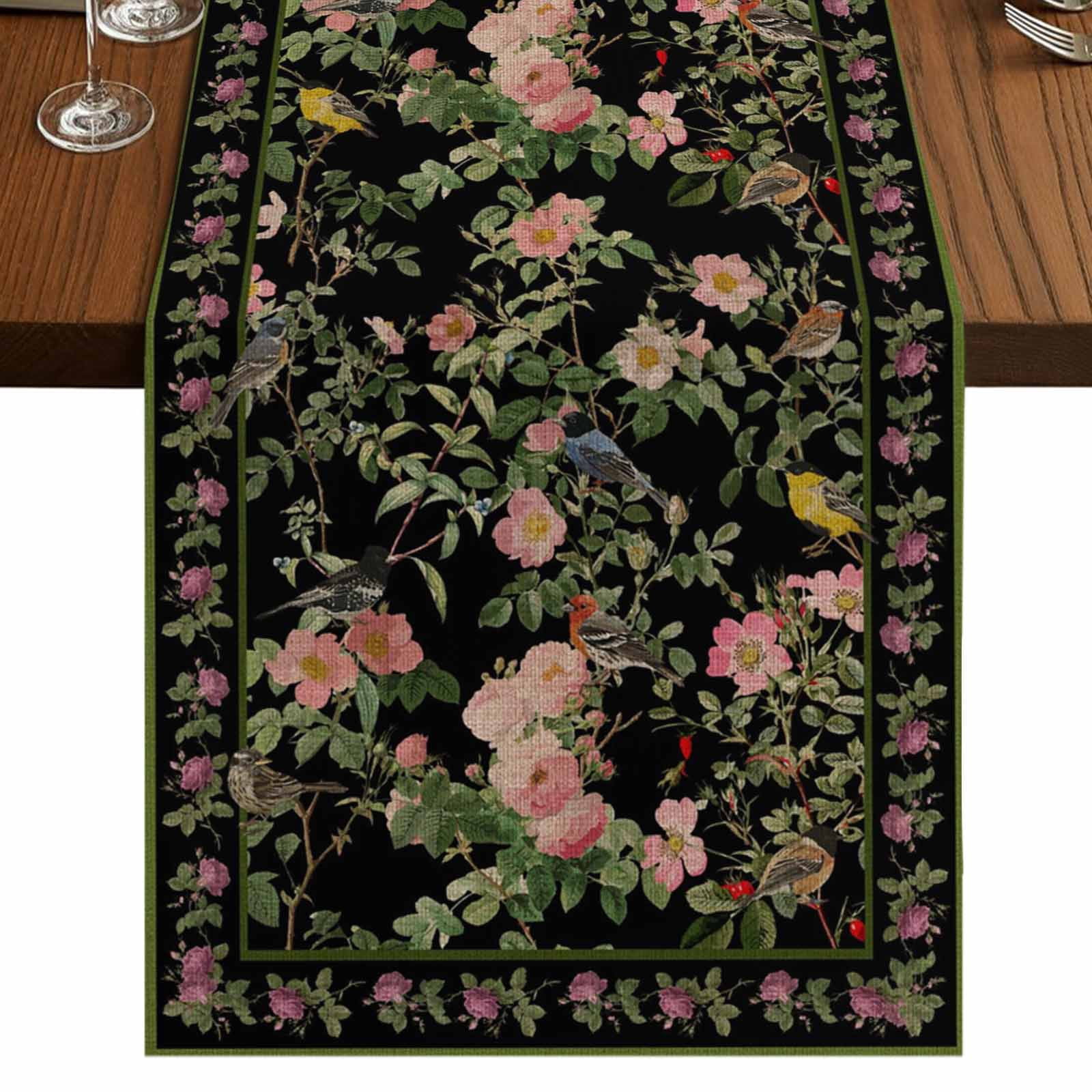 Black Spring Floral Burlap Cotton Table Runner 13x90 Inches Long, Elegant Pastoral Flowers Birds Retro Art Farmhouse Table Runners, Outdoor Dining Tablecloths Decor for Baby Shower/Party/Wedding