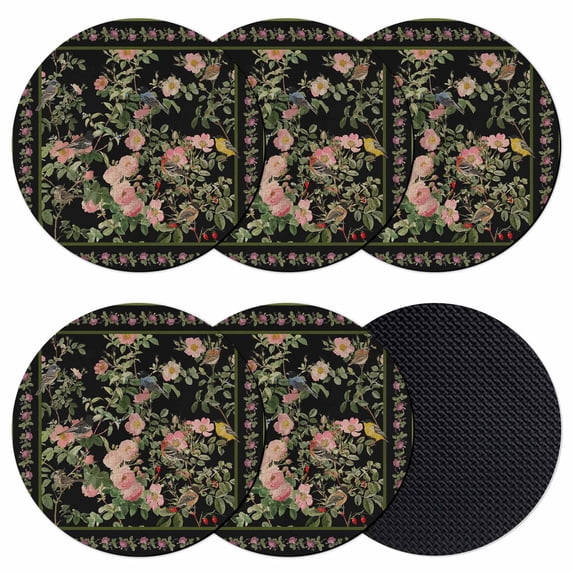 Black Spring Floral Coasters Set of 6, Absorbent Coasters for Drinks, Elegant Pastoral Flowers Birds Retro Art Coaster for Desk Coffee Table Protection, Home Decor House Warming Gifts 4"