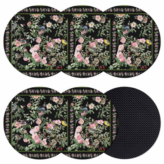 Black Spring Floral Coasters Set of 6, Absorbent Coasters for Drinks, Elegant Pastoral Flowers Birds Watercolor Coaster for Desk Coffee Table Protection, Home Decor House Warming Gifts 4"