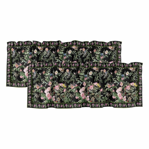 Black Spring Floral Curtain Valances for Windows, Kitchen Valance Window Treatments Panel 2 Pack, Elegant Pastoral Flowers Birds Watercolor Rod Pocket Short Curtains for Bathroom Bedroom 42 x 12 Inch