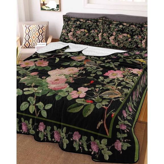 Black Spring Floral Full Size Down Alternative Comforter,Lightweight Comforter Quilt Bedding Set with Pillow Shams Elegant Pastoral Flowers Birds Retro Art Bed Comforter Duvet Insert 78"x90"