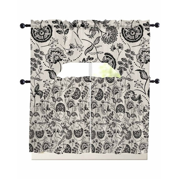 Black Spring Floral Kitchen Curtains Sets 36 Inch Length with Valance, Summer Botanical Farmhouse Vintage Swag Valances and Tiers Curtain Set Drapes Swag Curtains for Living Room, Bathroom, Bedroom