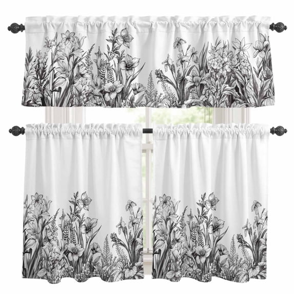 Black Spring Floral Kitchen Curtains Sets for Windows 36 Inch Length, Watercolor Botanical Summer Vintage Rod Pocket Window Treatments Tier Curtains and Valances Set for Bedroom/Bathroom