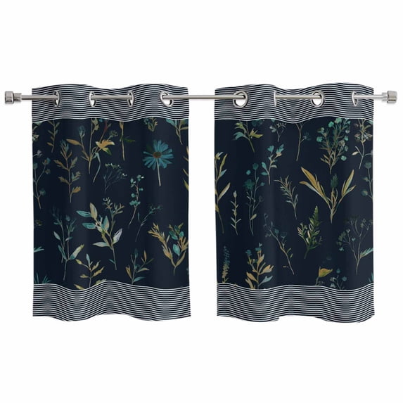 Black Spring Floral Kitchen Curtains Small Short 39 Inch Length, Watercolor Botanical Flower Striped Grommet Bedroom Living Room Curtains, Light Filtering Cafe Curtain Drapes 2 Panels Set 55''x39''