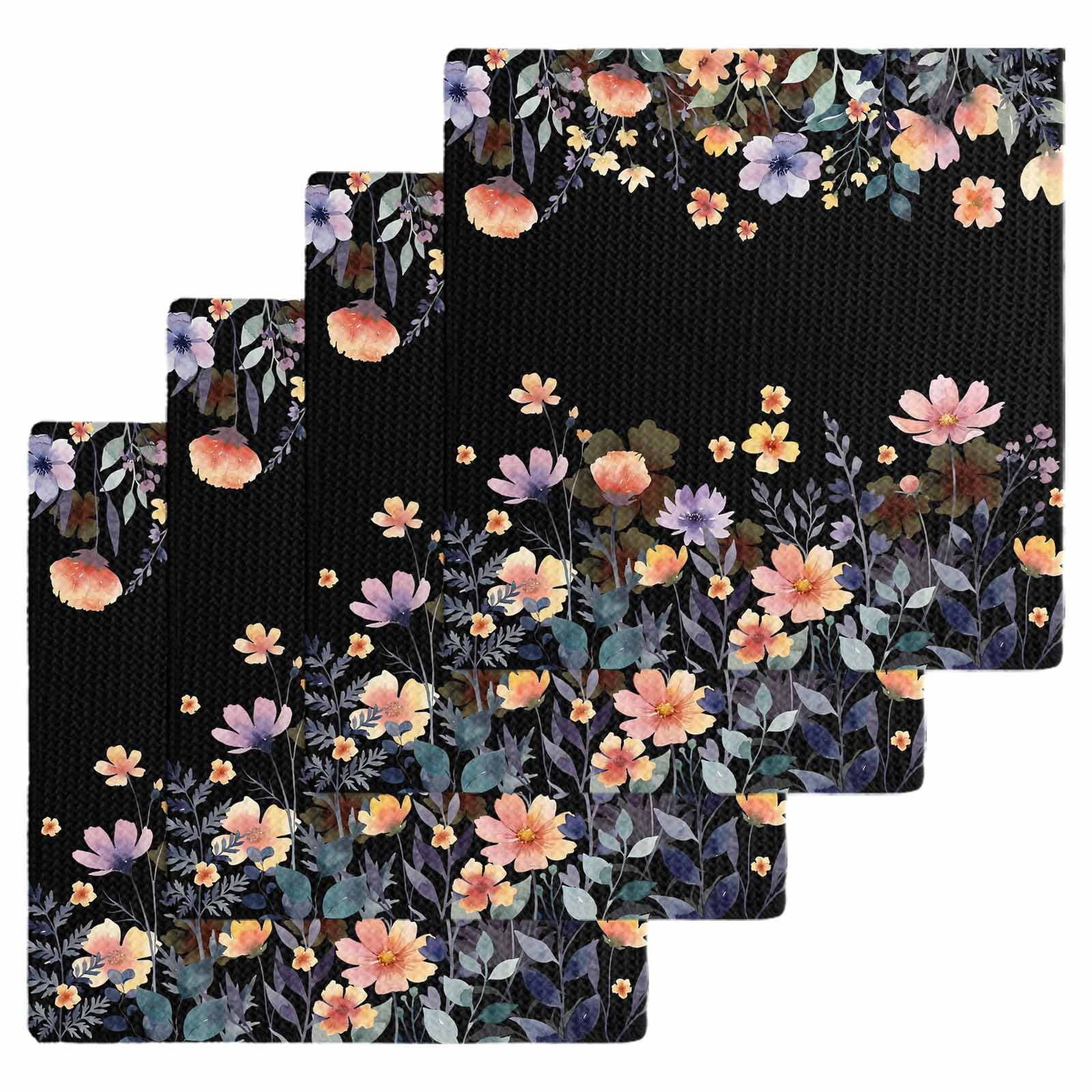 Black Spring Floral Kitchen Dish Towels for Drying Dishes Set of 4, Elegant Flowers Farmhouse Botanical Waffle Weave Microfiber Hand Tea Bathroom Towels Quick Dry & Absorbent Towel 12x12