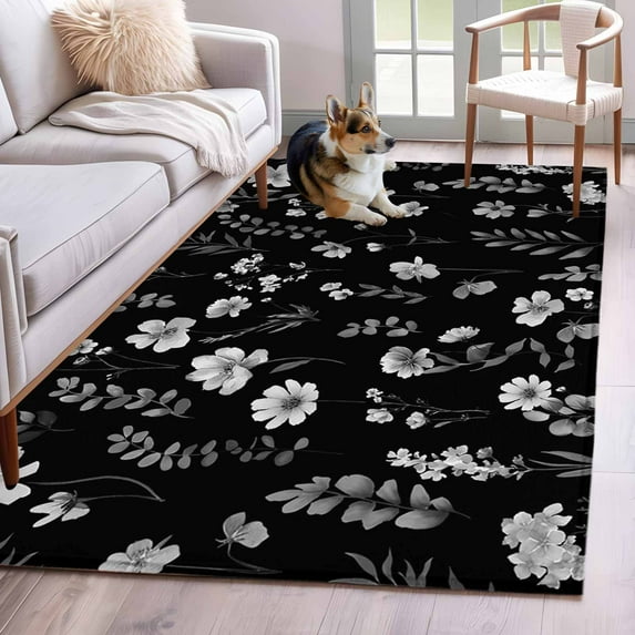 Black Spring Floral Kitchen Runner Rug 2.7x5 Washable Runners for Hallway Non Slip Flowers Botanical Elegant Pastoral Large Area Rug Indoor Floor Carpet for Bathroom Laundry Entryway Bedroom