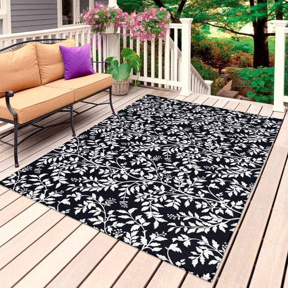Black Spring Floral Outdoor Rug 4x6 Ft, Non Slip Washable Area Rug, Farmhouse Flowers Elegant Pastoral Patio Rugs Carpet Runner, Large Floor Mat for Indoor/Outdoor Deck Porch Camping