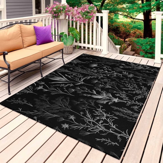 Black Spring Floral Outdoor Rug for Patio/Deck/Porch, Non-Slip Large Area Rug 3 x 5 Ft, Vintage Botanical Watercolor Indoor Outdoor Rugs Washable Area Rugs, Reversible Camping Rug Carpet Runner