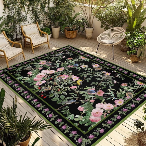 Black Spring Floral Outdoor Rug for Patio/Deck/Porch, Non-Slip Large Area Rug 6 x 9 Ft, Elegant Pastoral Flowers Birds Watercolor Indoor Outdoor Rugs Washable Area Rugs, Camping Rug Carpet Runner