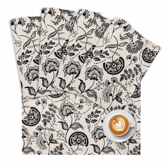 Black Spring Floral Placemats for Dining Table Set of 4, Summer Botanical Farmhouse Vintage Cotton Linen Cloth for Square/Rectangle/Round Table Mat Placemat, Kitchen Dinner Holiday Décor