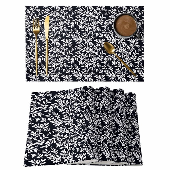 Black Spring Floral Placemats Set of 4, Farmhouse Flowers Elegant Pastoral Placemats for Dining Table, Place Mats for Kitchen Tabletop, Waterproof Wipeable Dining Table Mats Set