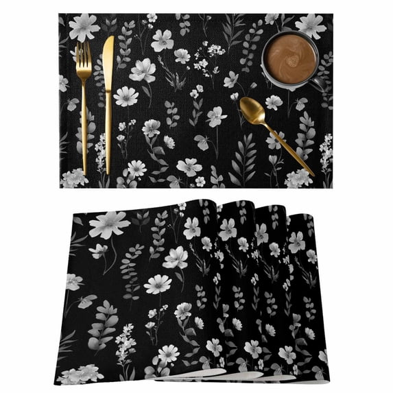 Black Spring Floral Placemats Set of 4, Flowers Botanical Elegant Pastoral Placemats for Dining Table, Place Mats for Kitchen Tabletop, Waterproof Wipeable Dining Table Mats Set