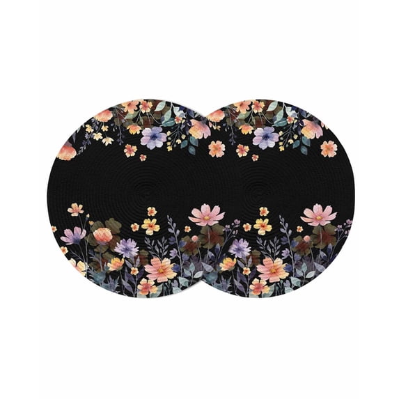 Black Spring Floral Round 13 Inch Placemats Set of 2, Elegant Flowers Farmhouse Botanical HeatResistant Non Slip Place Mats for Dining Table, Wipeable Braided Kitchen Table Mats for Housewarming