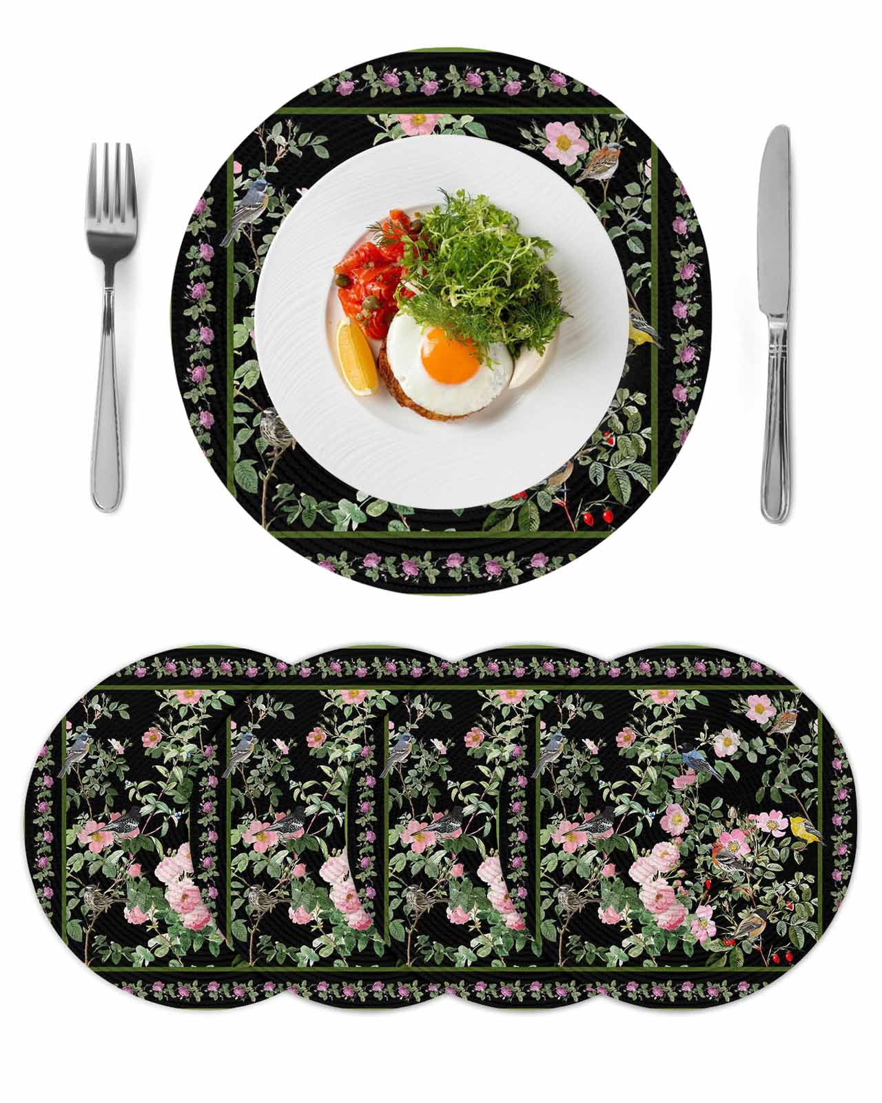 Black Spring Floral Round 13 Inch Placemats Set of 4, Elegant Pastoral ...