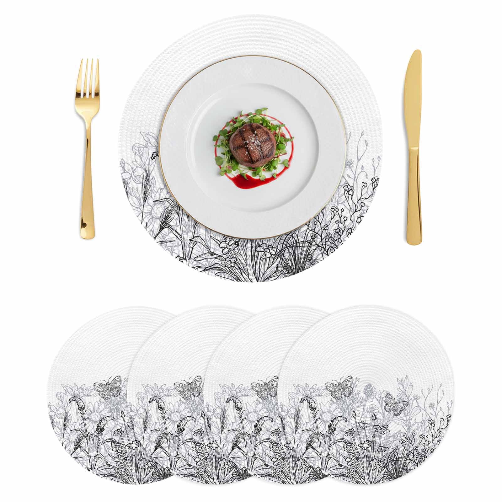Black Spring Floral Round 13 Inch Placemats Set of 4, Summer Botanical ...