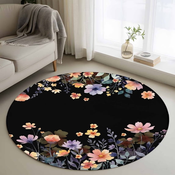 Black Spring Floral Round Area Rug 3.3Ft Washable Circle Rugs for Dining Room Table, Elegant Flowers Farmhouse Botanical Non-Slip Carpet Floor Mats Indoor Outdoor Carpet Runner Aesthetic Home Decor