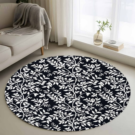 Black Spring Floral Round Area Rug 3.3Ft Washable Circle Rugs for Dining Room Table, Farmhouse Flowers Elegant Pastoral Non-Slip Carpet Floor Mats Indoor Outdoor Carpet Runner Aesthetic Home Decor