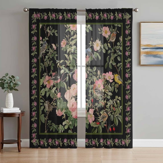 Black Spring Floral Sheer Curtains 72 Inch Length 2 Panels Set Window Treatments, Elegant Pastoral Flowers Birds Retro Art Rod Pocket Semi Curtains for Living Room/Bedroom/Kitchen, 104"W x 72"L