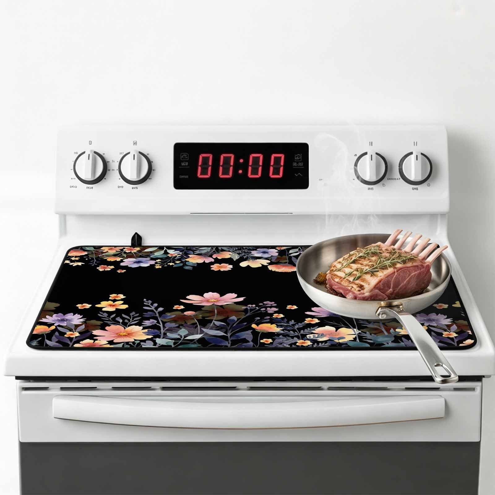 Black Spring Floral Stove Top Cover for Electric Stove, Heat-proof & Non Slip Glass Top Stove Cover Protector, Elegant Flowers Farmhouse Botanical Kitchen Flat Cooktop Rubber Mat 24x21 Inches