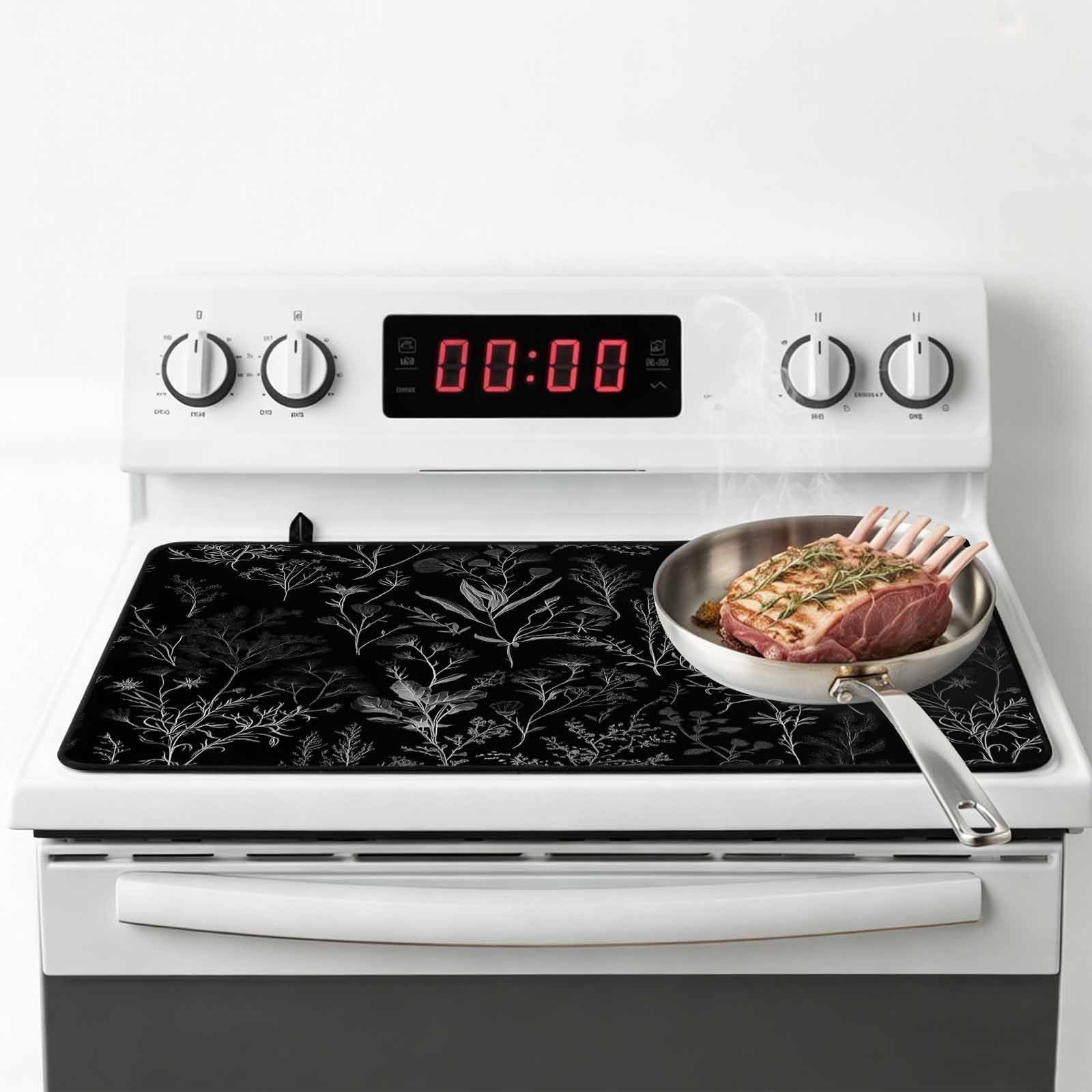 Black Spring Floral Stove Top Cover for Electric Stove, Heat-proof & Non Slip Glass Top Stove Cover Protector, Vintage Botanical Watercolor Kitchen Flat Cooktop Rubber Mat 36x21 Inches