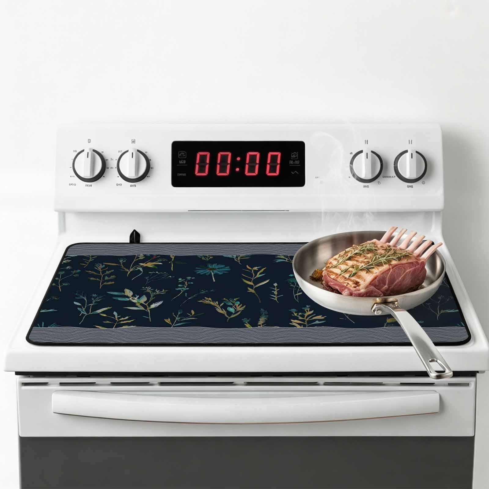 Black Spring Floral Stove Top Cover for Electric Stove, Heat-proof & Non Slip Glass Top Stove Cover Protector, Watercolor Botanical Flower Striped Kitchen Flat Cooktop Rubber Mat 24x21 Inches
