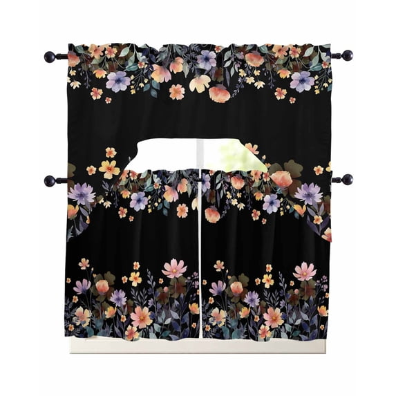 Black Spring Floral Swag Curtains for Living Room/Bedroom Windows, Elegant Flowers Farmhouse Botanical Kitchen Curtains and Valances Set 36 Inch Length, Light Filtering Swags Valance Curtain Panels