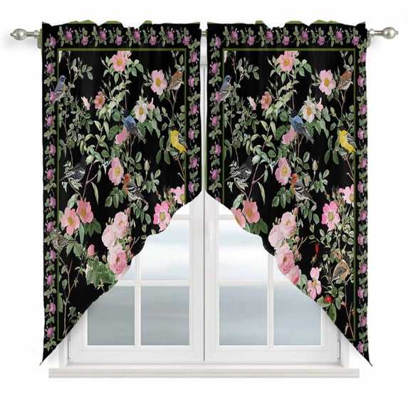Black Spring Floral Swag Valances for Windows, Kitchen Curtains 36 Inch Length 2 Panels Set, Elegant Pastoral Flowers Birds Watercolor Short Curtains for Small Windows Cafe Curtains 28"x36"