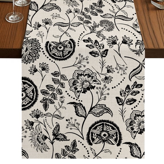 Black Spring Floral Table Runner 108 Inches Long, Cotton Linen Table Runner Dresser Scarf, Summer Botanical Farmhouse Vintage Fabric Tablerunners for Dining Tables Wedding Holiday Party 13"x108"
