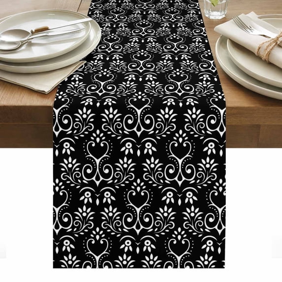 Black Spring Floral Table Runner - 70 Inch Long, Kitchen Dining Table Runner Dresser Scarves, Modern Abstract Art Farmhouse Farmhouse Decor for Coffee Tables Wedding Party Banquet