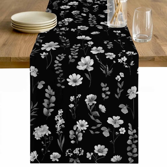 Black Spring Floral Table Runner - 90 Inch Long Flowers Botanical Elegant Pastoral Cotton and Linen Blended Dress Scarves Farmhouse Table Runner for Kitchen Dining, Coffee Table, 13" x 90"
