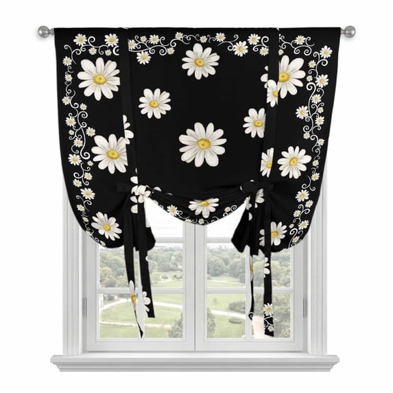 Black Spring Floral Tie Up Curtains for Small Windows,Adjustable Rod Pocket Valance 45 Inch Short, Daisy Flowers Elegant Farmhouse Art Window Treatment Balloon Roman Blind Shade, 34" x 45"