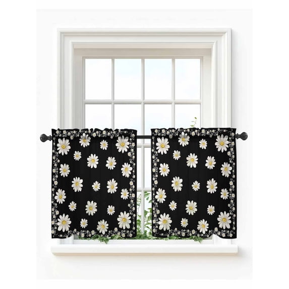 Black Spring Floral Tier Curtains 24 Inch Length,Sheer Curtains for Bedroom Living Room Daisy Flowers Elegant Farmhouse Art Short Kitchen Curtains Drapes for Small Half Window 27.5"x24" 2 Panels