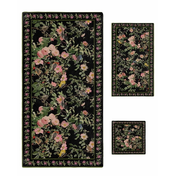 Black Spring Floral Towel Set of 3, Soft Microfiber Bath Towels, Hand Towel, Washcloths, Elegant Pastoral Flowers Birds Retro Art Quick-Dry Absorbent Towels for Bathroom Kitchen Hotel Beach Gym Spa